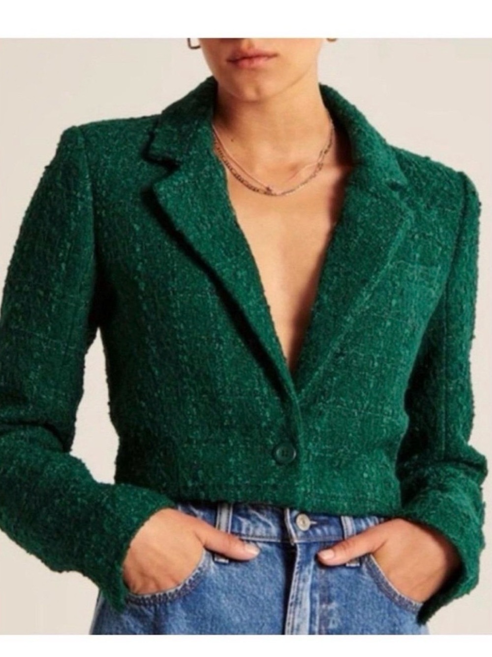 Abercrombie & Fitch Emerald Green Cropped Tweed Bouclé Blazer Size S
